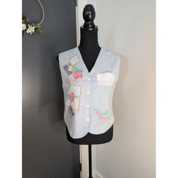 Vintage Petite Sophisticate 100% Cotton Embroidered Applique Vest Size Small - Picture 1 of 10